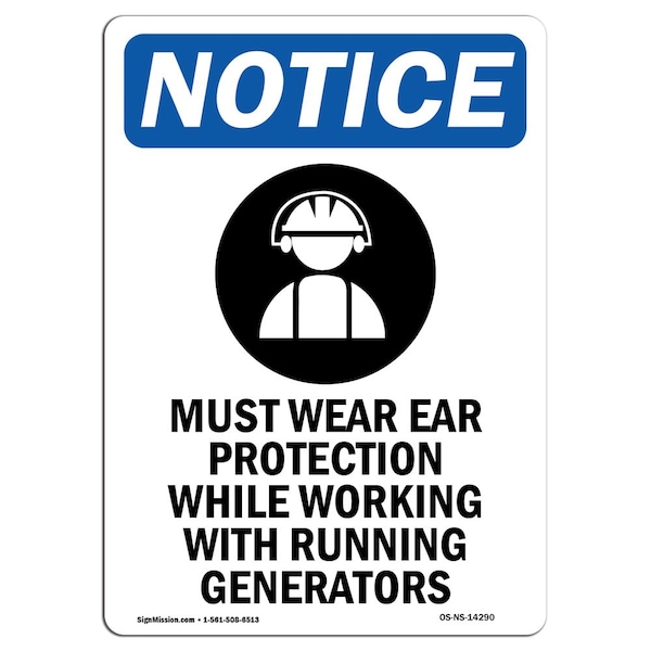 OSHA Sign, Must Wear Ear Protection With Symbol, 24in X 18in Rigid Plastic, 18" W, 24" H, Portrait